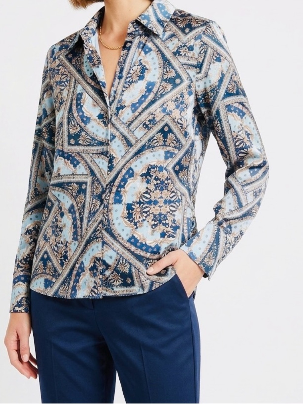 BOSTON PROPER Silky Turquoise Blue Green Black Paisley Blouse Button Down Shirt